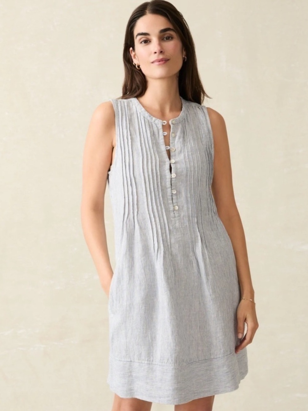 Faherty Isha Sleeveless Pintuck Striped Linen Mini Dress Blue White Women Large